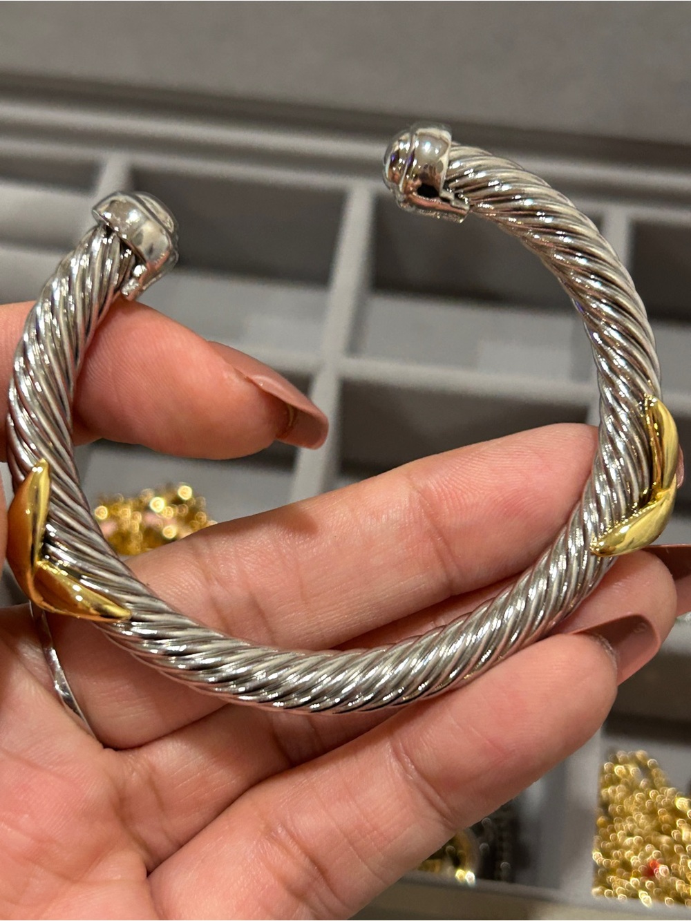 Two-Tone Silver and Gold Twisted Cable Cuff Bracelet